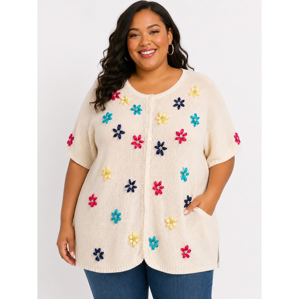 Christopher &‎ Banks Woman Cream Floral Ribbon Applique Cardigan Plus Size 2X